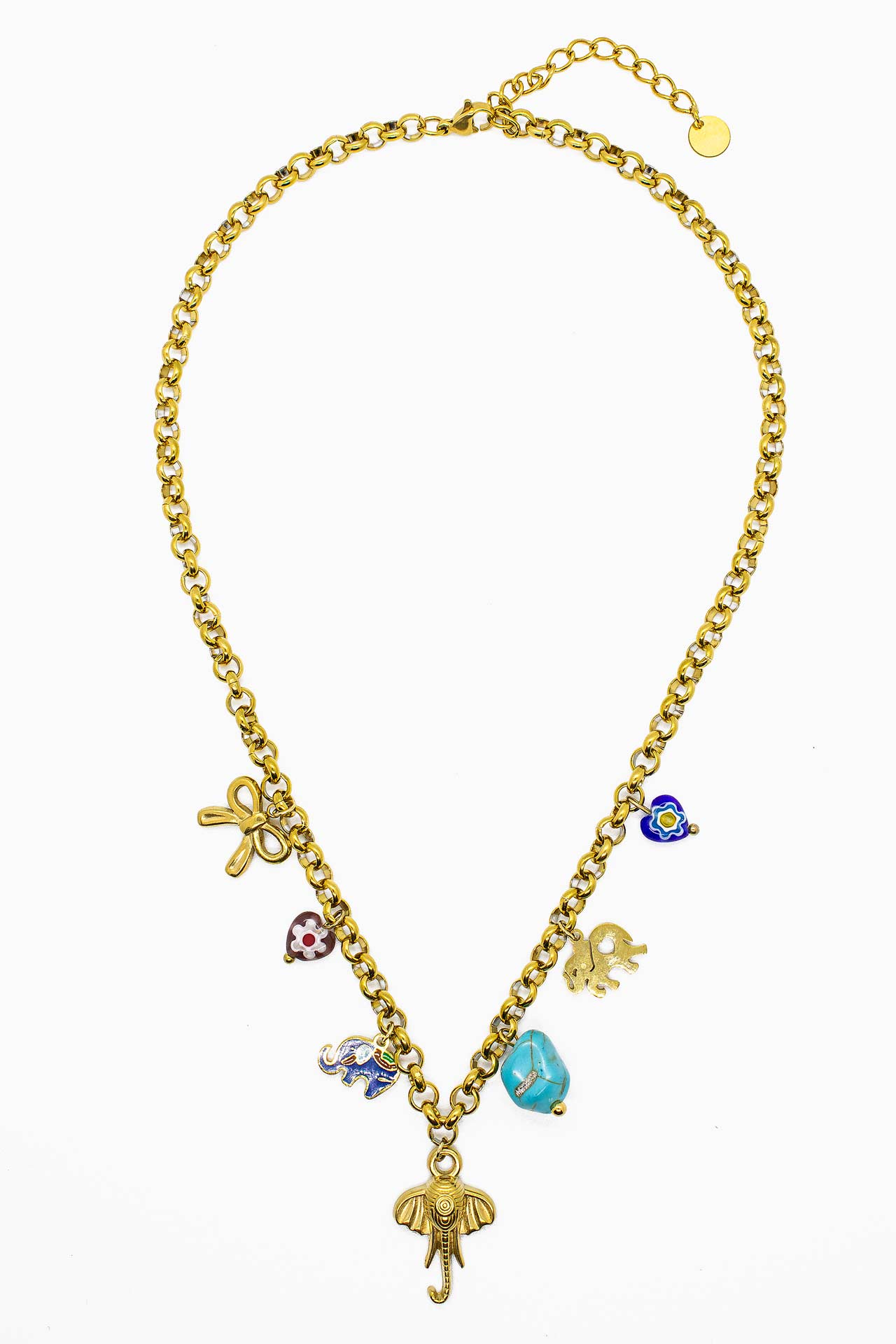 Náhrdelník se slonem, barevnými přívěsky a tyrkysovým akcentem