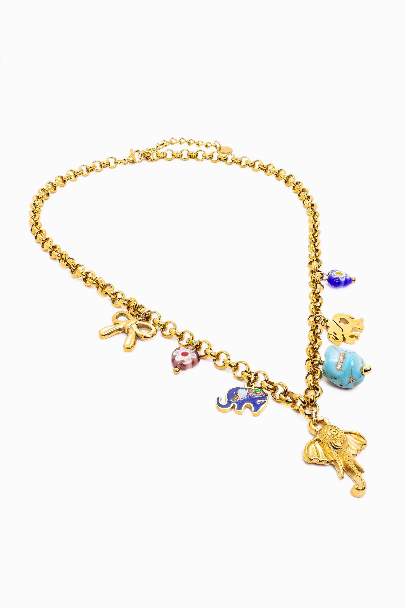Náhrdelník se slonem, barevnými přívěsky a tyrkysovým akcentem