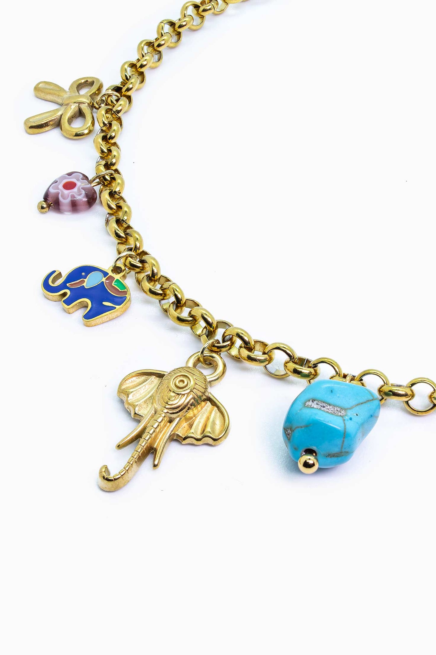 Náhrdelník se slonem, barevnými přívěsky a tyrkysovým akcentem