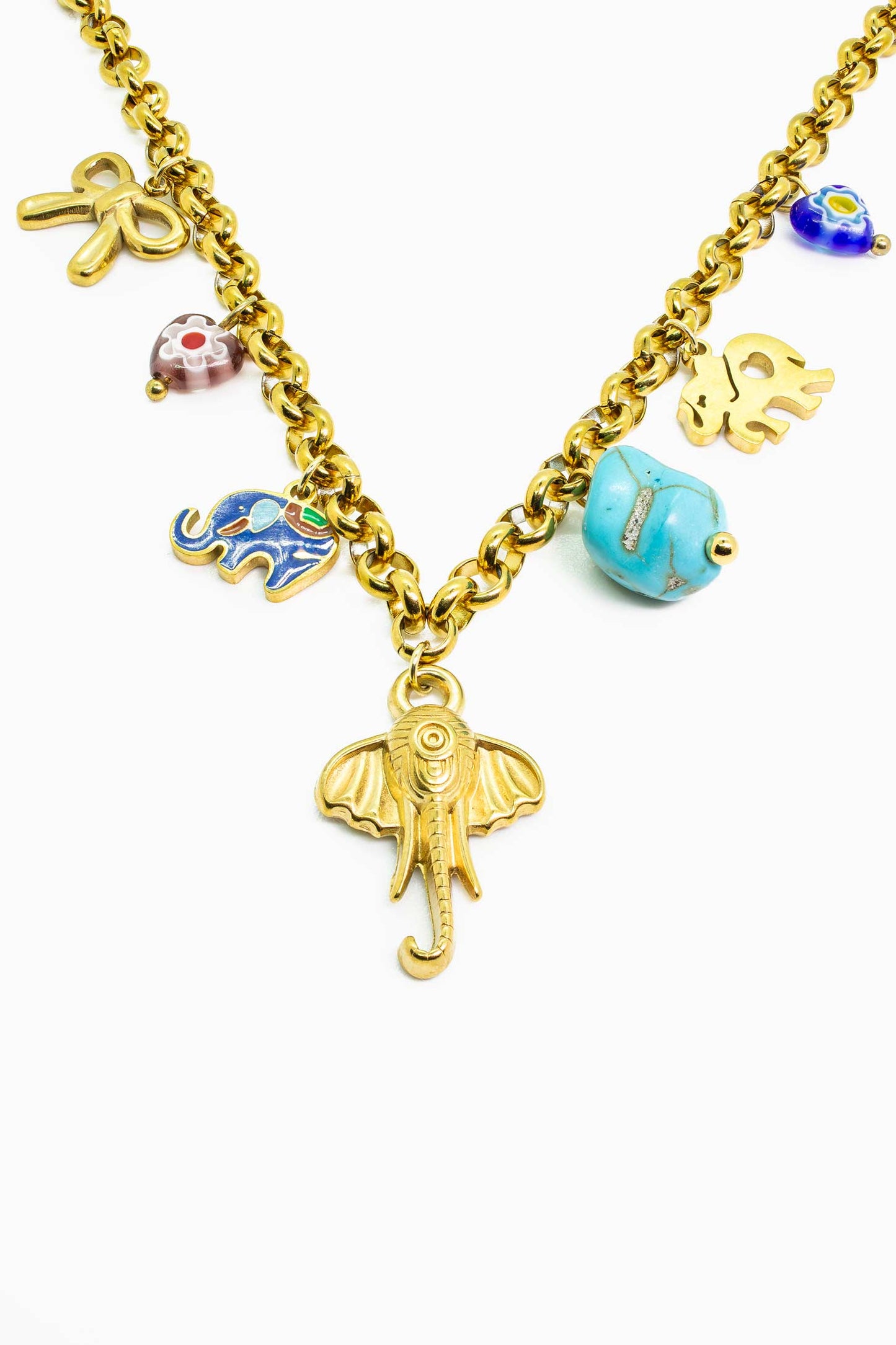Náhrdelník se slonem, barevnými přívěsky a tyrkysovým akcentem