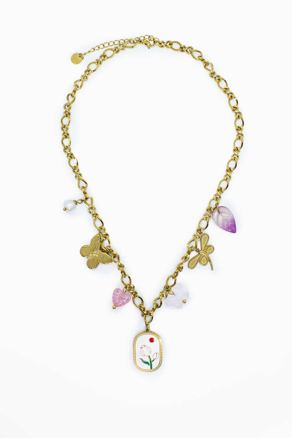 Náhrdelník s květinovým přívěskem z nerezové oceli s motýlími akcenty
