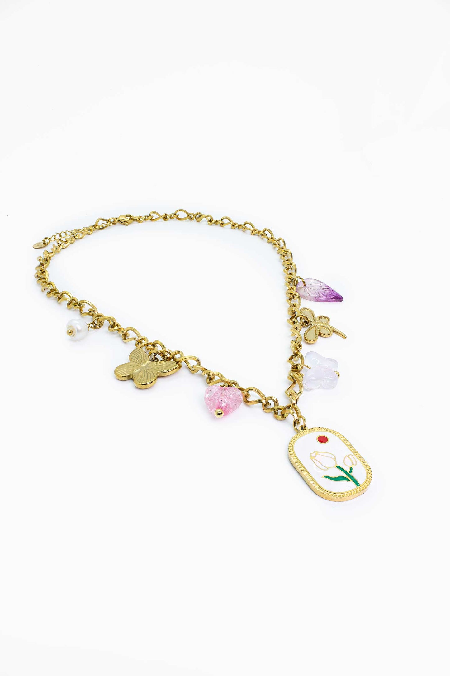 Náhrdelník s květinovým přívěskem z nerezové oceli s motýlími akcenty