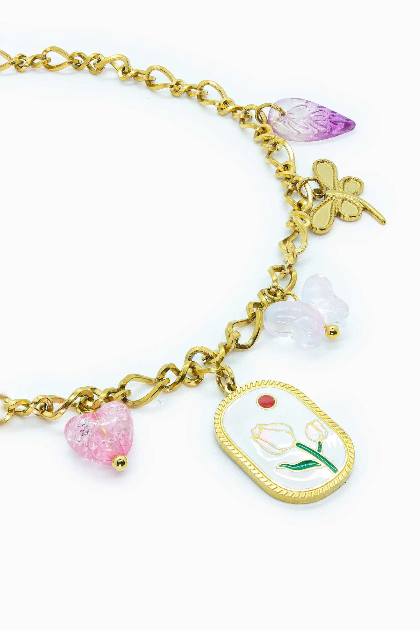 Náhrdelník s květinovým přívěskem z nerezové oceli s motýlími akcenty