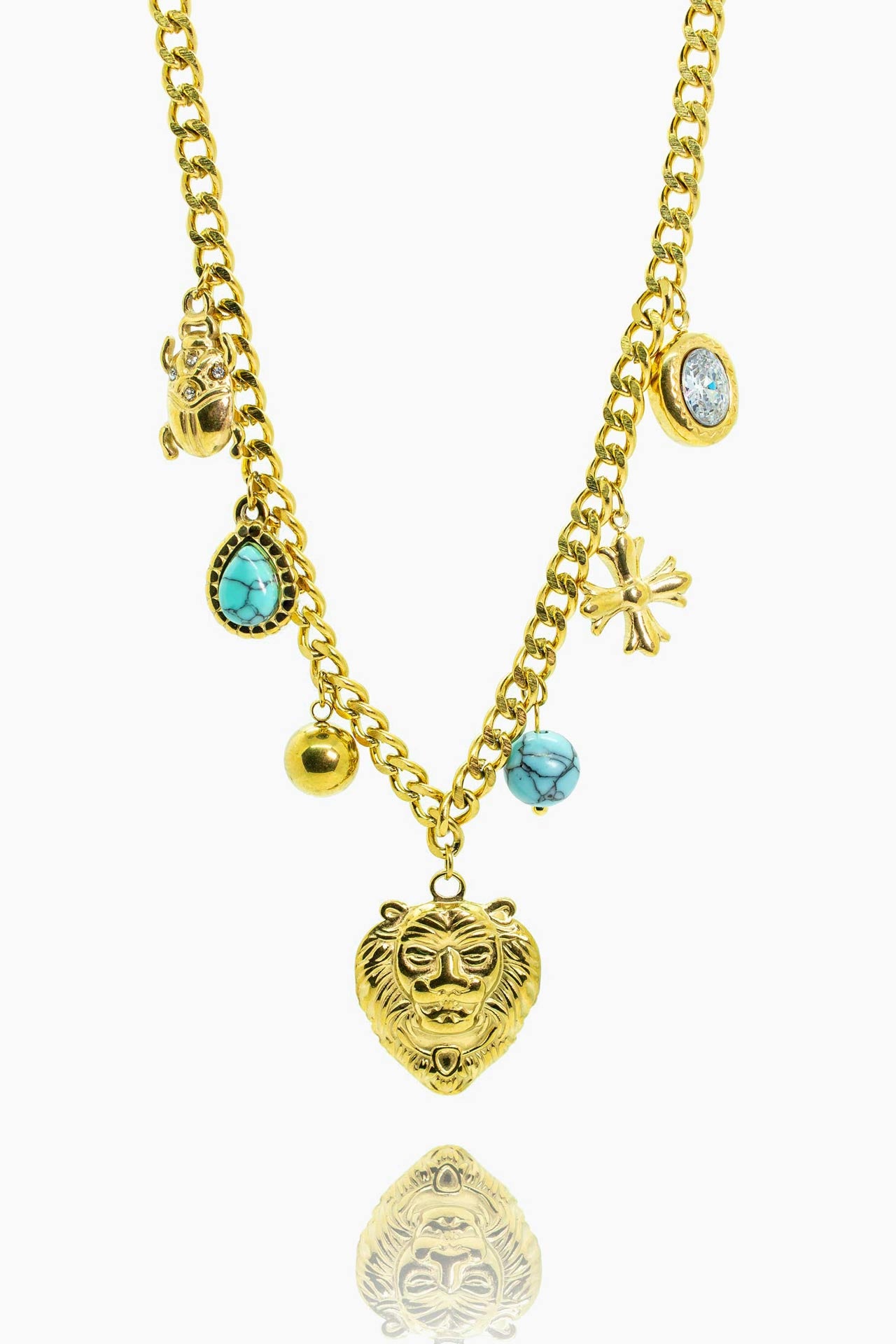 Náhrdelník s lvem a tyrkysovými akcenty a krystalovými detaily