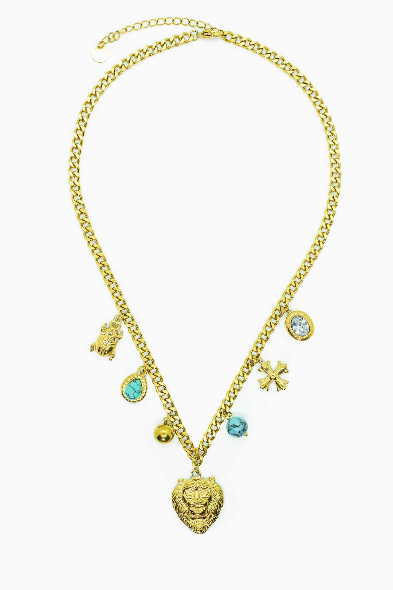 Náhrdelník s lvem a tyrkysovými akcenty a krystalovými detaily