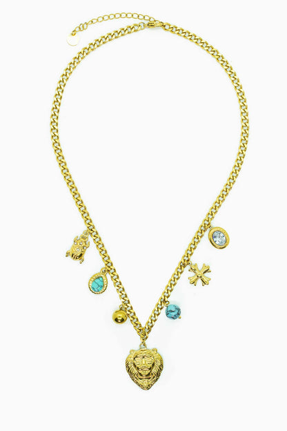 Náhrdelník s lvem a tyrkysovými akcenty a krystalovými detaily
