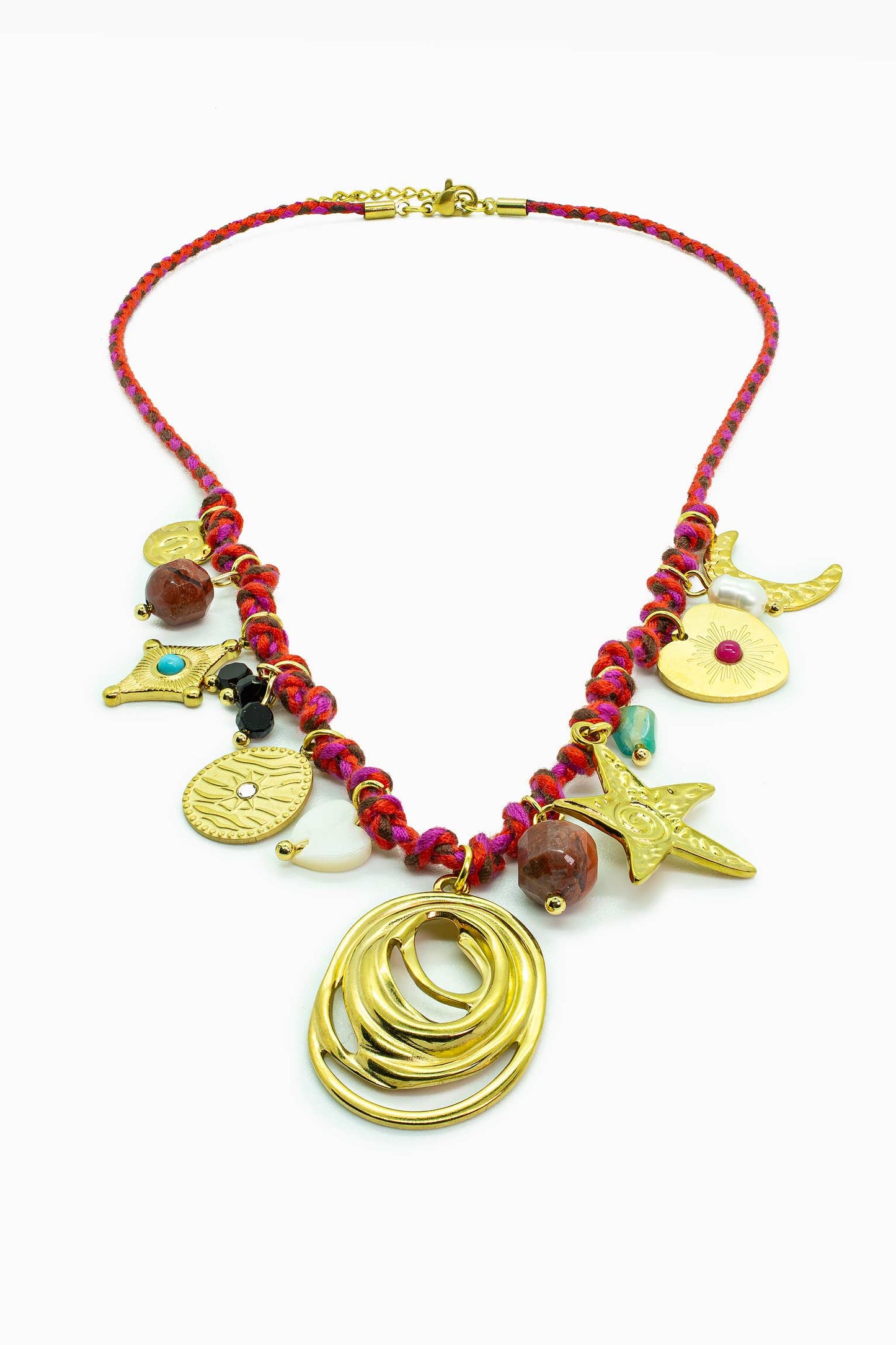 Zlatý náhrdelník s prsteny a hvězdicemi a mincemi